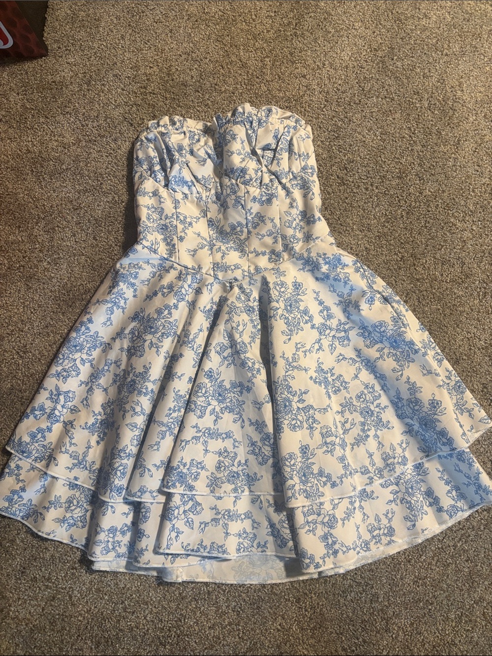 Strapless White Dress with Blue Floral Print for Kids